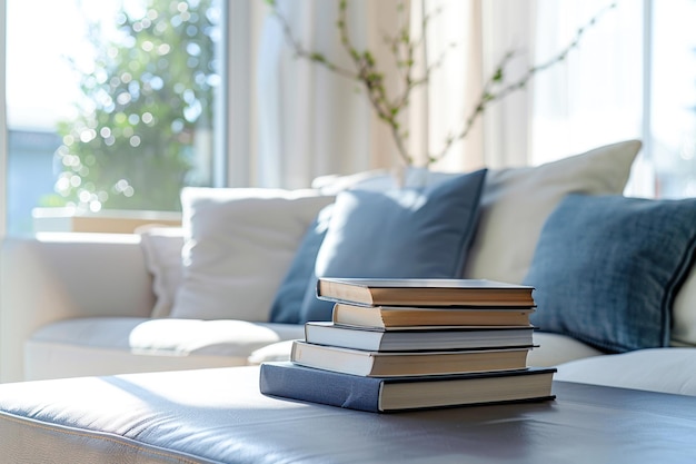 Books in the interior of an apartment in blue tones