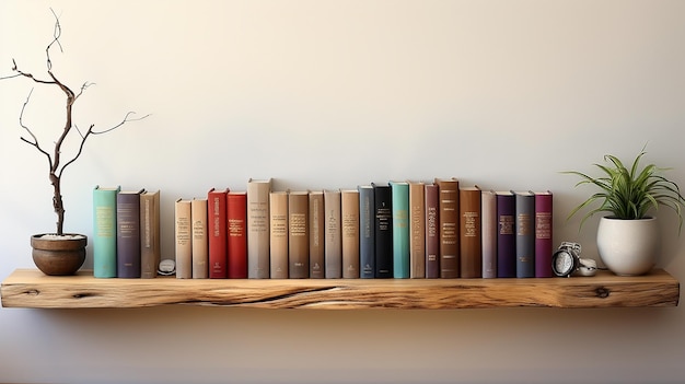 Books on a long shelf in a wide clear whiet background photo