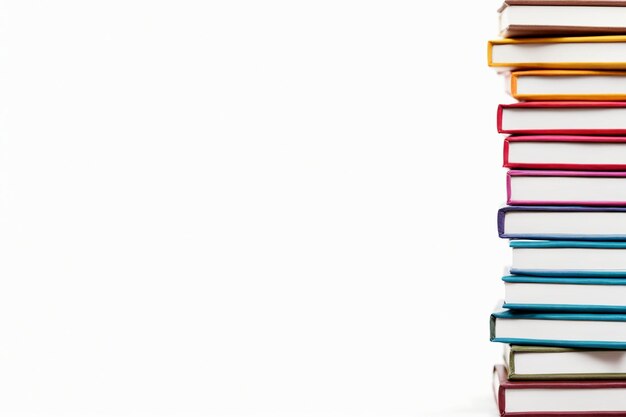 Книги Множество книг с яркими обложками в одной стопке, изолированных на белом фоне Место для текста
