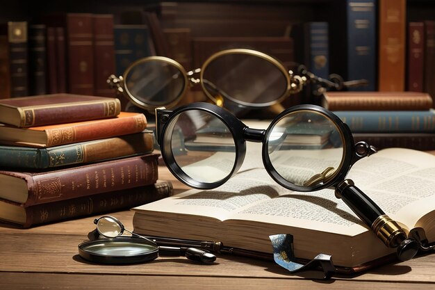 Photo books magnifying glass and glasses on the table