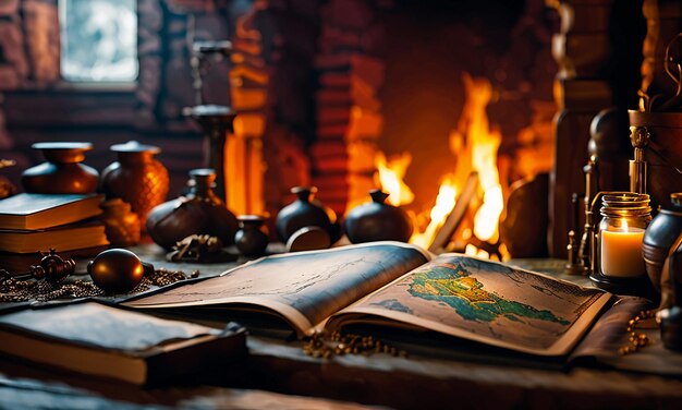 Books and map treasure map on the table in the study room