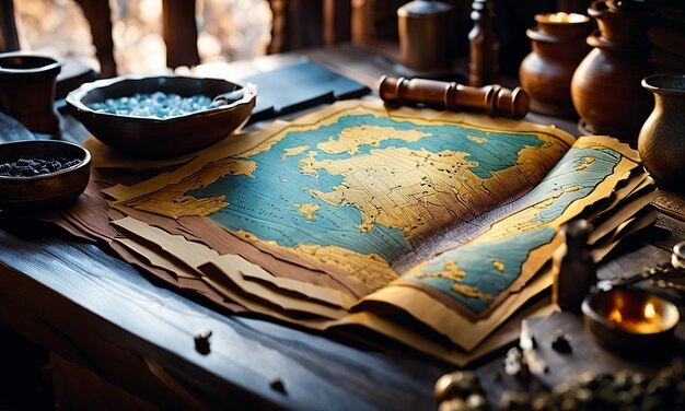 Книги и карта сокровища карта на столе в учебной комнате