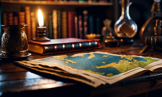 Books and map treasure map on the table in the study room