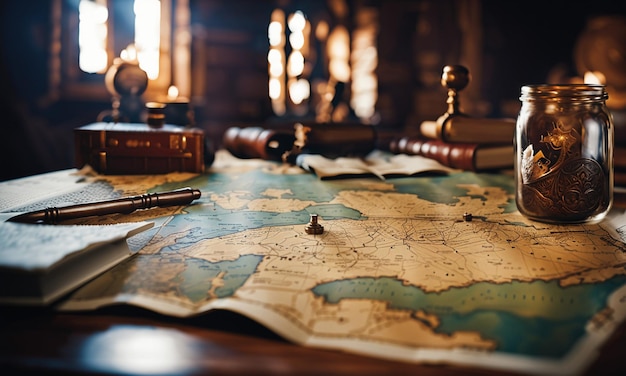 Books and map treasure map on the table in the study room