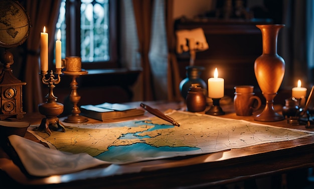 Books and map treasure map on the table in the study room