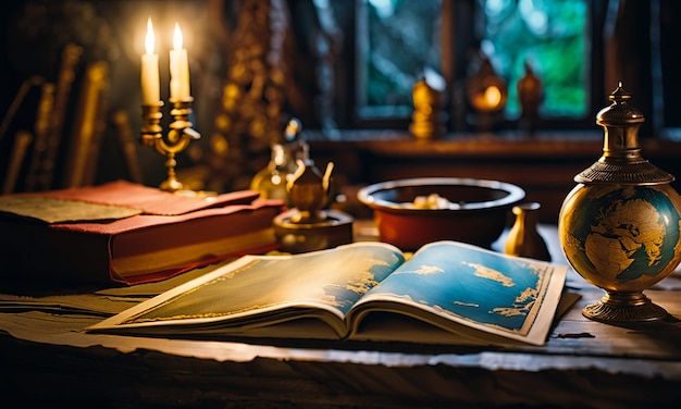 Books and map treasure map on the table in the study room