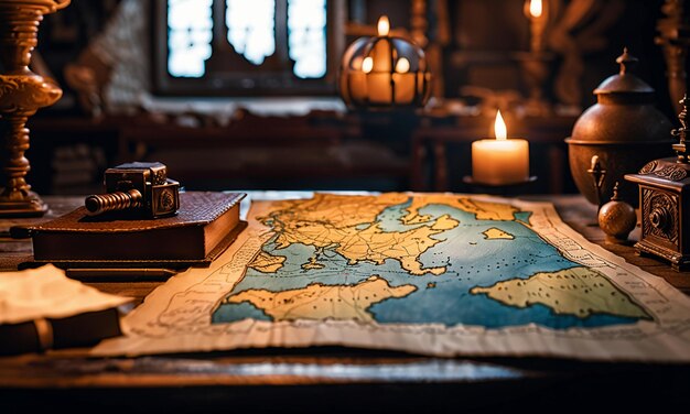 Books and map treasure map on the table in the study room