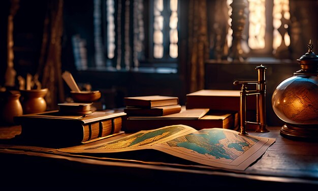 Books and map treasure map on the table in the study room