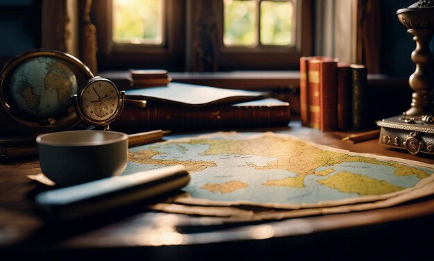 Книги и карта сокровища карта на столе в учебной комнате