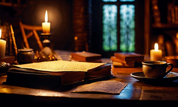 Books and map treasure map on the table in the study room