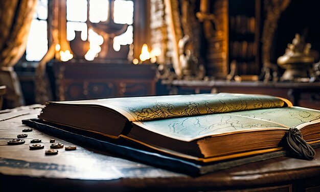 Books and map treasure map on the table in the study room