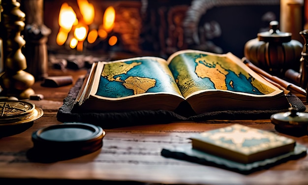 本と地図 勉強室のテーブルの上にある宝の地図