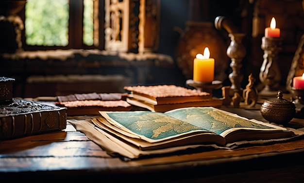 Books and map treasure map on the table in the study room