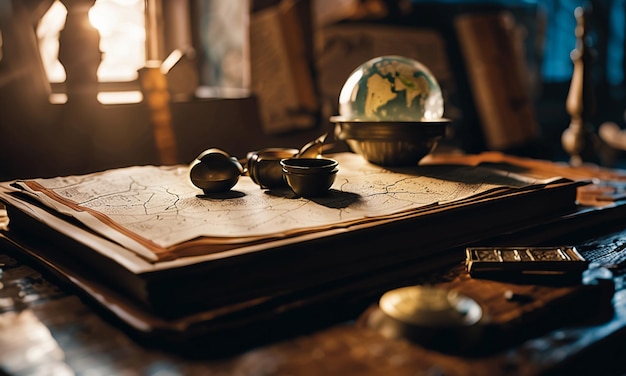 Books and map treasure map on the table in the study room