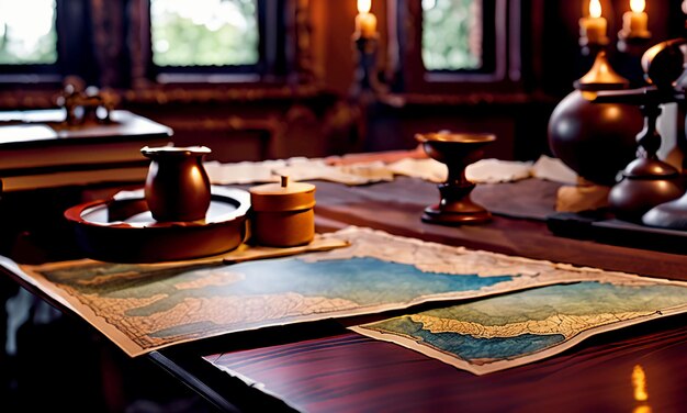 Books and map treasure map on the table in the study room