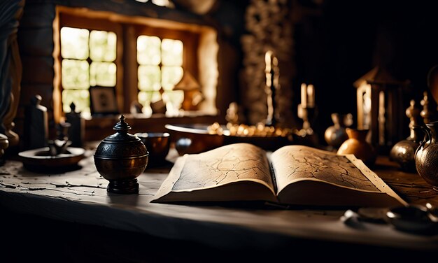 Books and map treasure map on the table in the study room