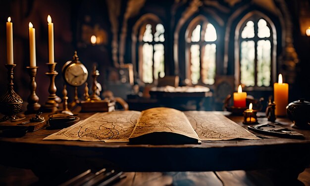 Books and map treasure map on the table in the study room