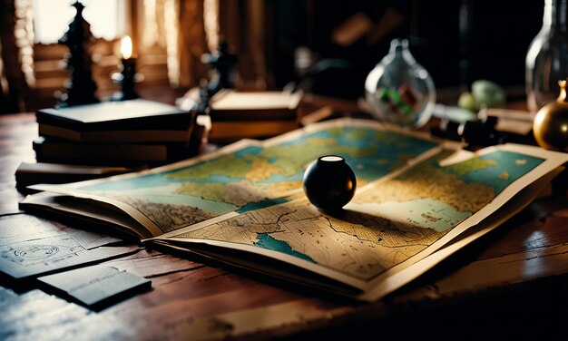 Books and map treasure map on the table in the study room