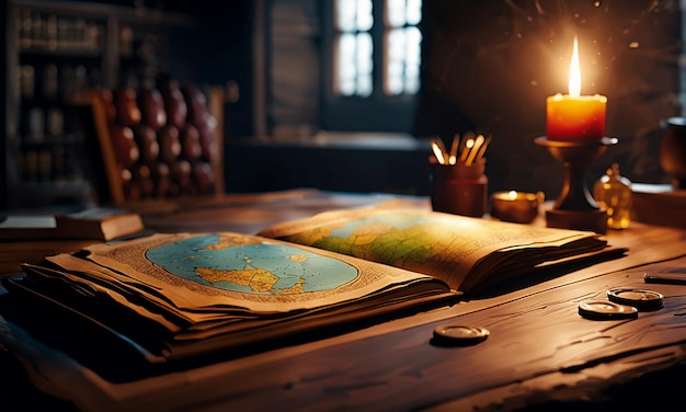 Books and map treasure map on the table in the study room