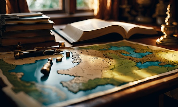 Books and map treasure map on the table in the study room