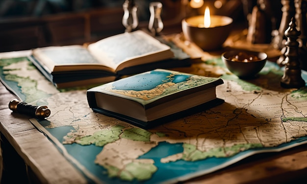 Books and map treasure map on the table in the study room