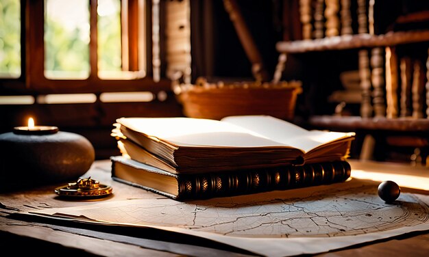 Books and map treasure map on the table in the study room