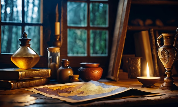 Books and map treasure map on the table in the study room