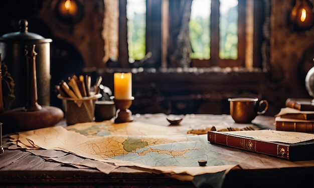 책과 지도: 공부실의 테이블 위에 보물 지도