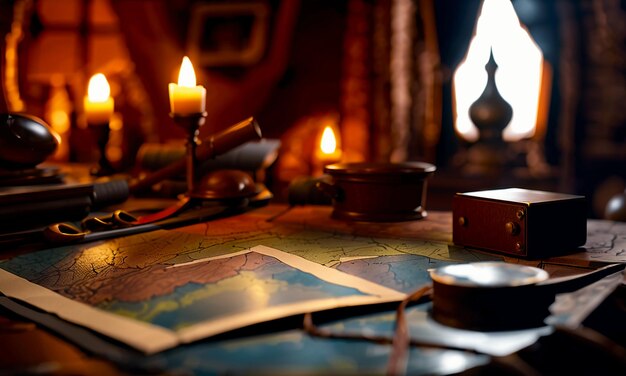 Books and map treasure map on the table in the study room