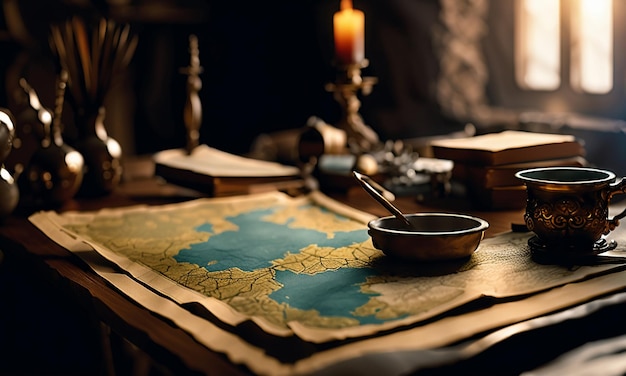 Books and map treasure map on the table in the study room