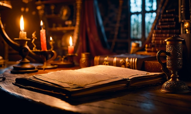 Books and map treasure map on the table in the study room