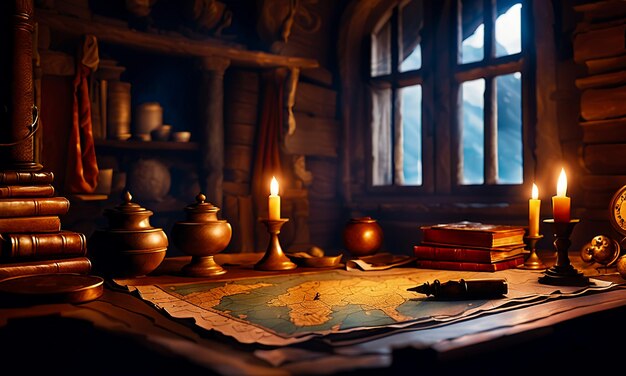 Books and map treasure map on the table in the study room