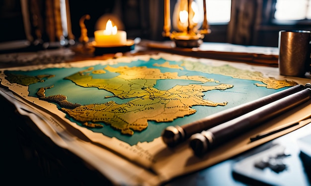 Books and map treasure map on the table in the study room