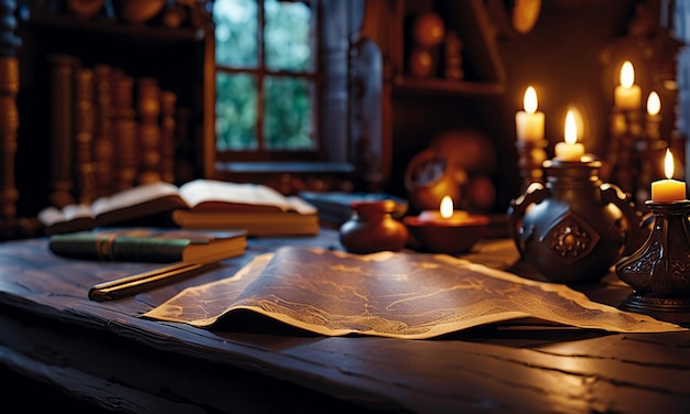 Books and map treasure map on the table in the study room