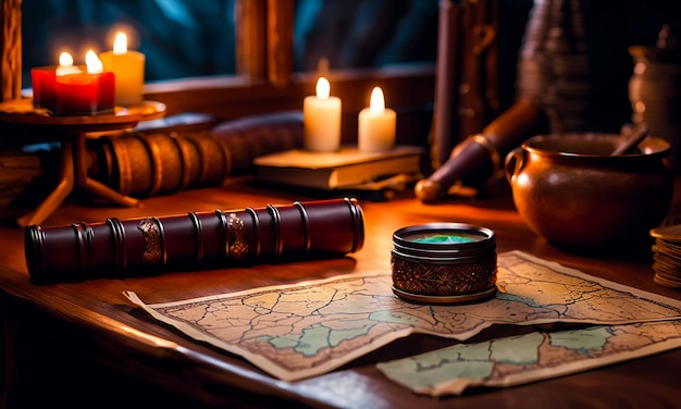 Books and map treasure map on the table in the study room