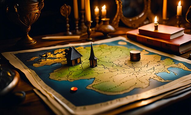 Books and map treasure map on the table in the study room