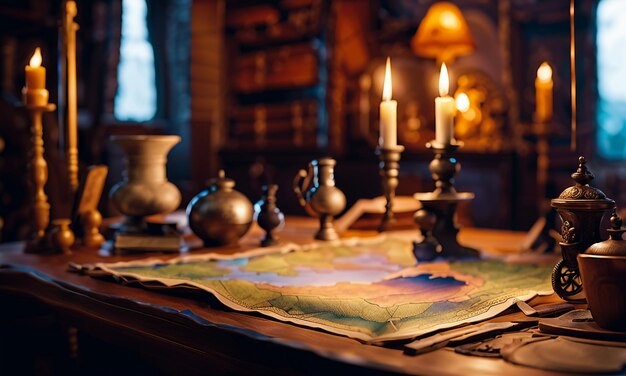 Books and map treasure map on the table in the study room