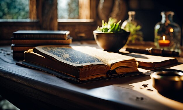 Books and map treasure map on the table in the study room