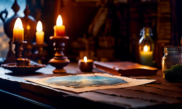 Books and map treasure map on the table in the study room