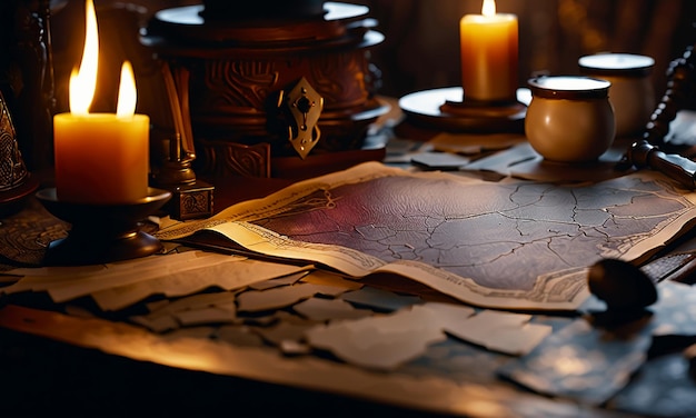 Books and map treasure map on the table in the study room