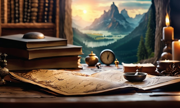 Books and map treasure map on the table in the study room