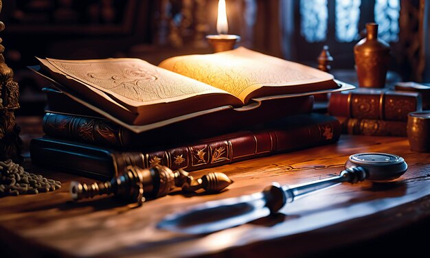 Books and map treasure map on the table in the study room