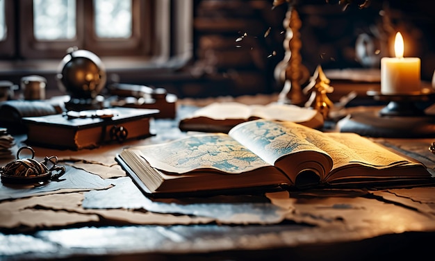 Books and map treasure map on the table in the study room