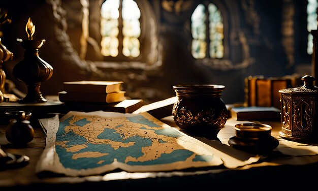 Books and map treasure map on the table in the study room