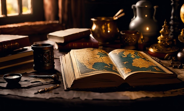 Books and map treasure map on the table in the study room