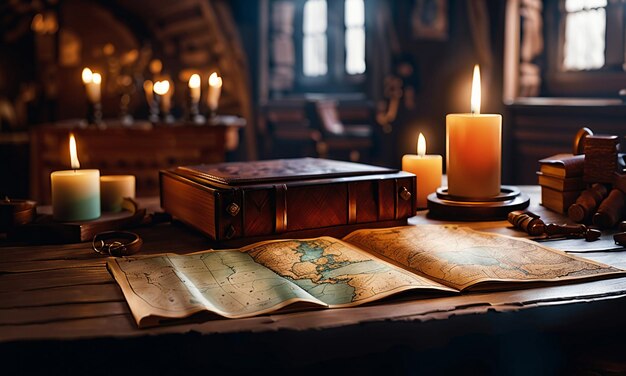 Books and map treasure map on the table in the study room