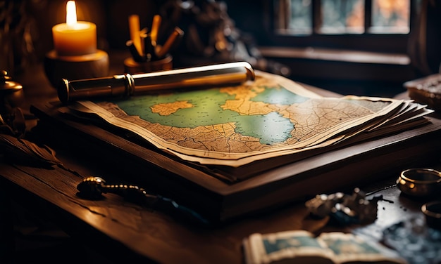 Books and map treasure map on the table in the study room