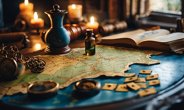 Books and map treasure map on the table in the study room