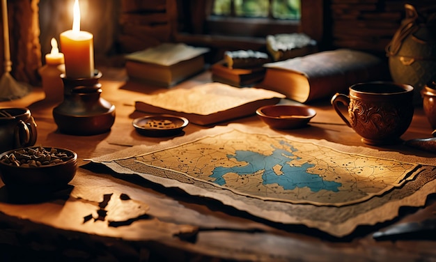 책과 지도: 공부실의 테이블 위에 보물 지도