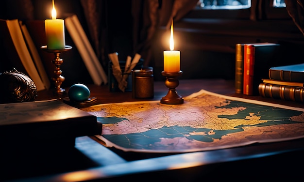 Books and map treasure map on the table in the study room